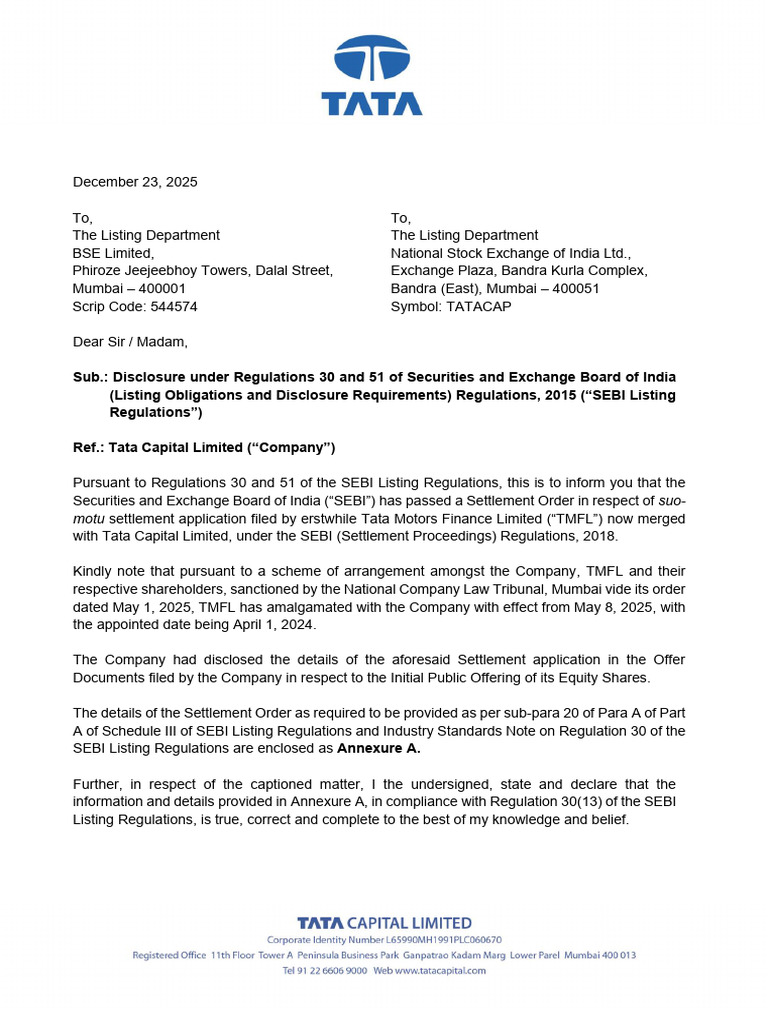 TATACAPITAL_23122025211420_Stock_Exchange_Intimation_-_Settlement_Order ...