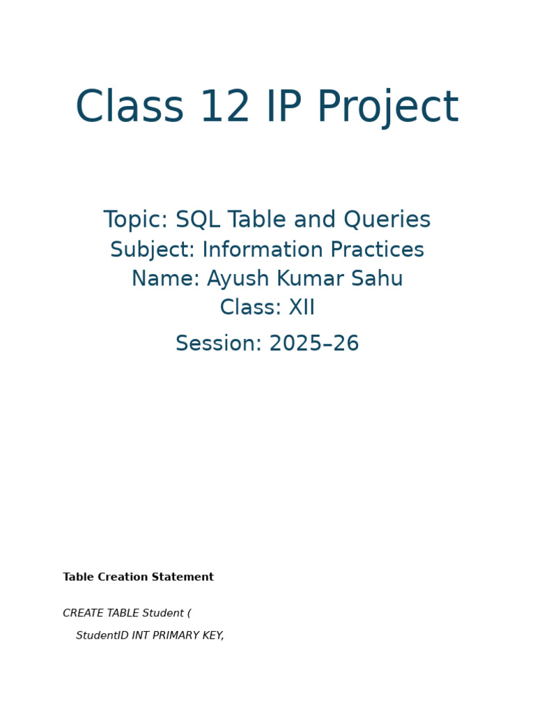 SQL Table and Queries for Class XII | PDF | Databases | Data Management ...
