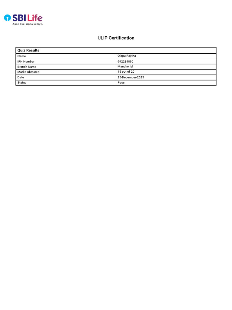 ULIP Certification Results for Olapu Rajitha | PDF