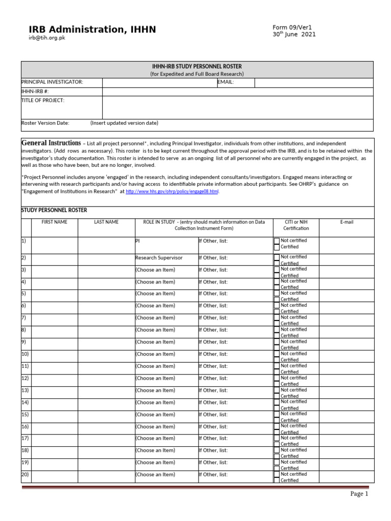 10. Study personnel roster -[study name] | PDF