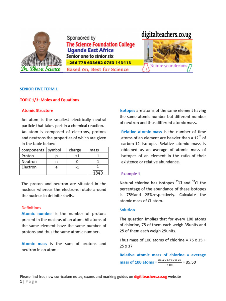 Moles and Atomic Structure Notes | PDF | Mole (Unit) | Proton