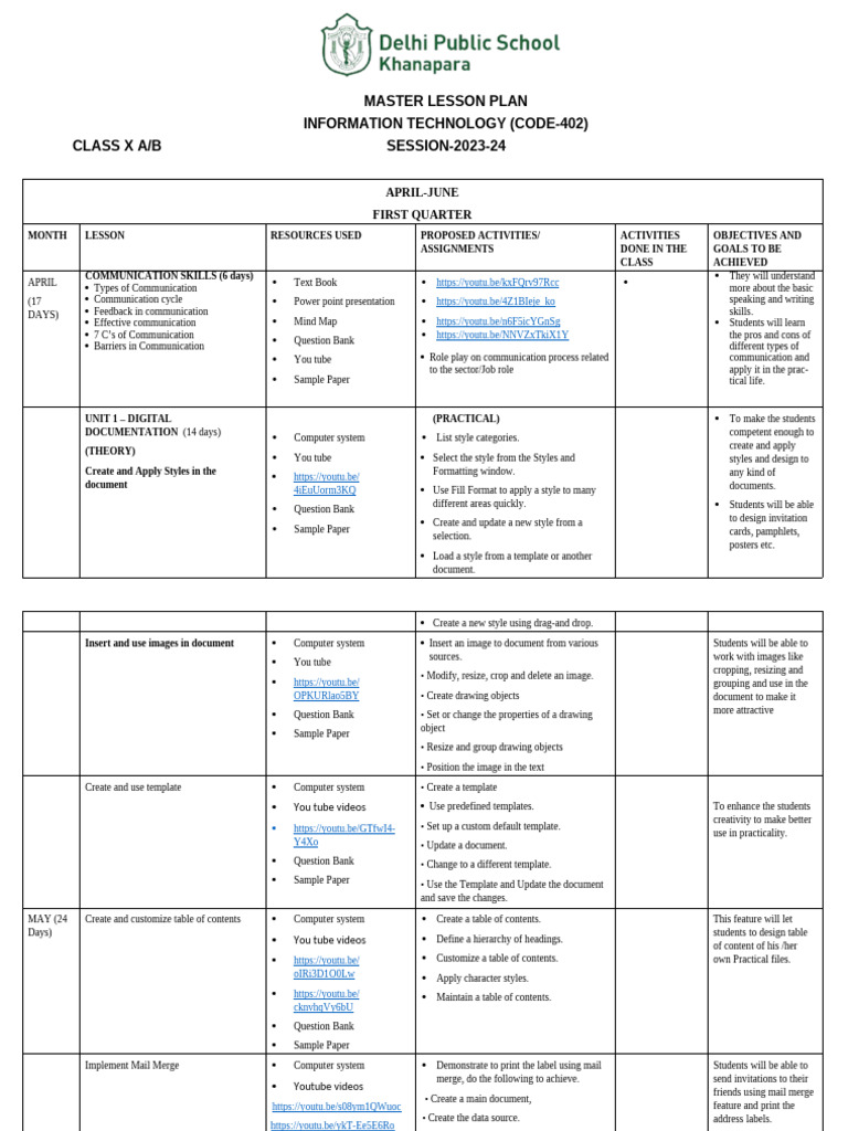 Class X IT Master Lesson Plan 2023-24 | PDF | Spreadsheet ...