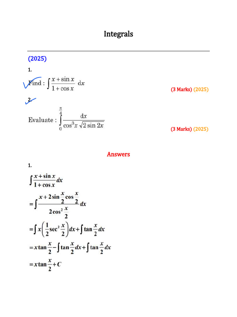Intégrales : Évaluations et Solutions | PDF