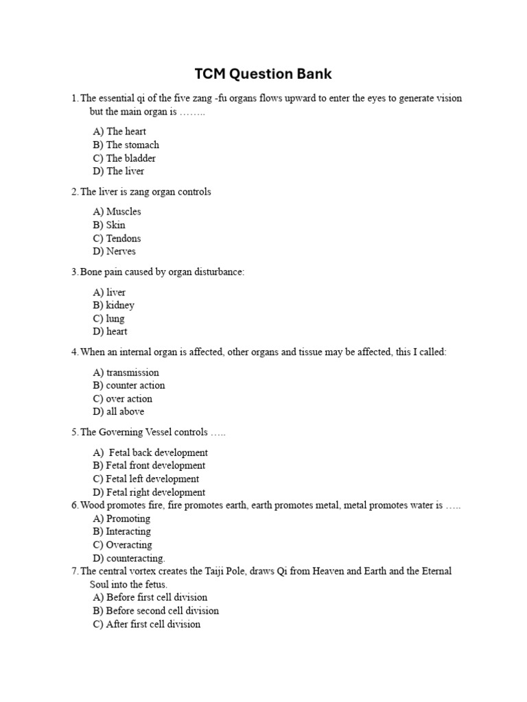 TCM Question Bank for Organ Functions | PDF | Vertebra | Traditional ...