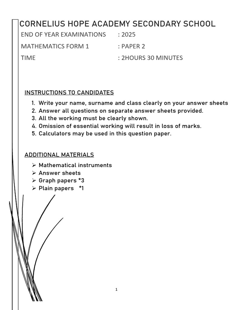 End0fYearForm1Maths2025 P2 - 010818 | PDF | Cartesian Coordinate System ...