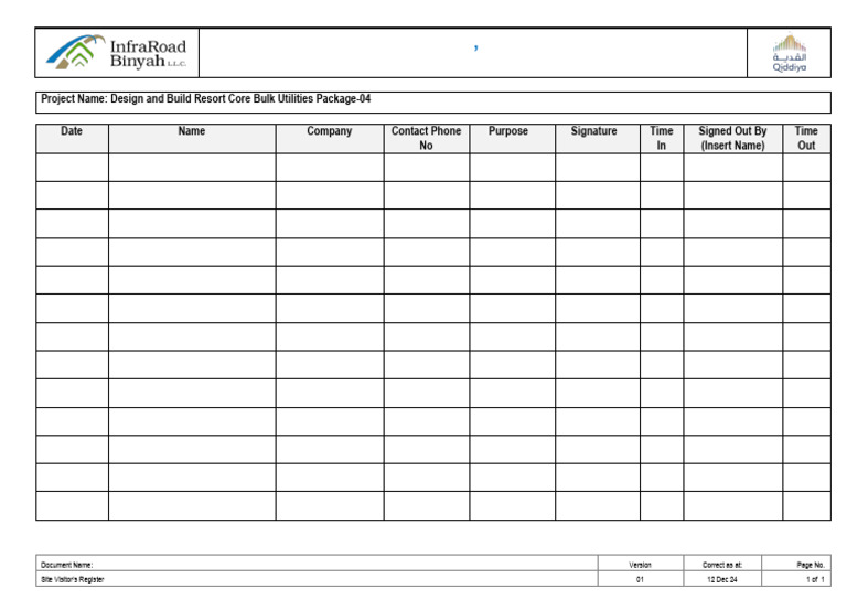 Site Visitor Register for Resort Project | PDF