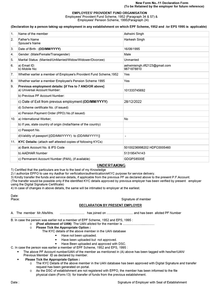 EPF Declaration Form No. 11 Guide | PDF