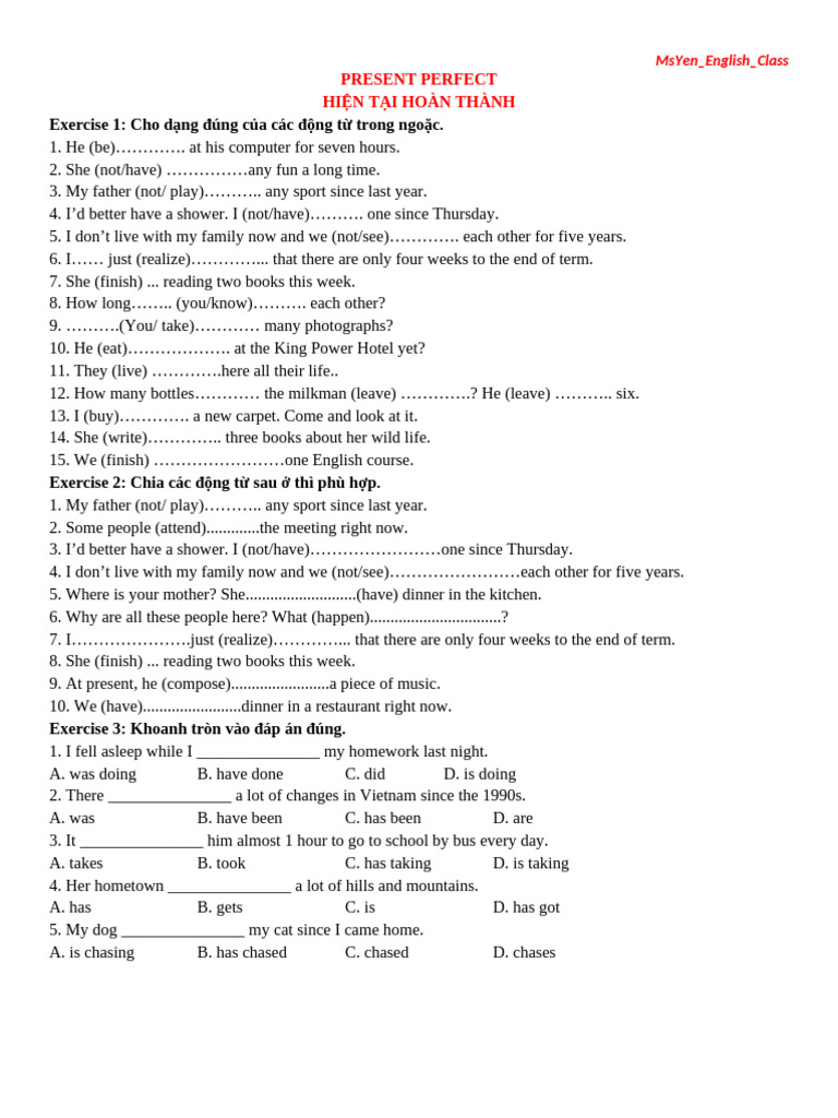 Present Perfect Tense Exercises | PDF | Chess Openings | Chess
