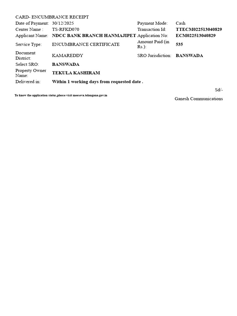 Encumbrance Receipt for Property in Kamareddy | PDF