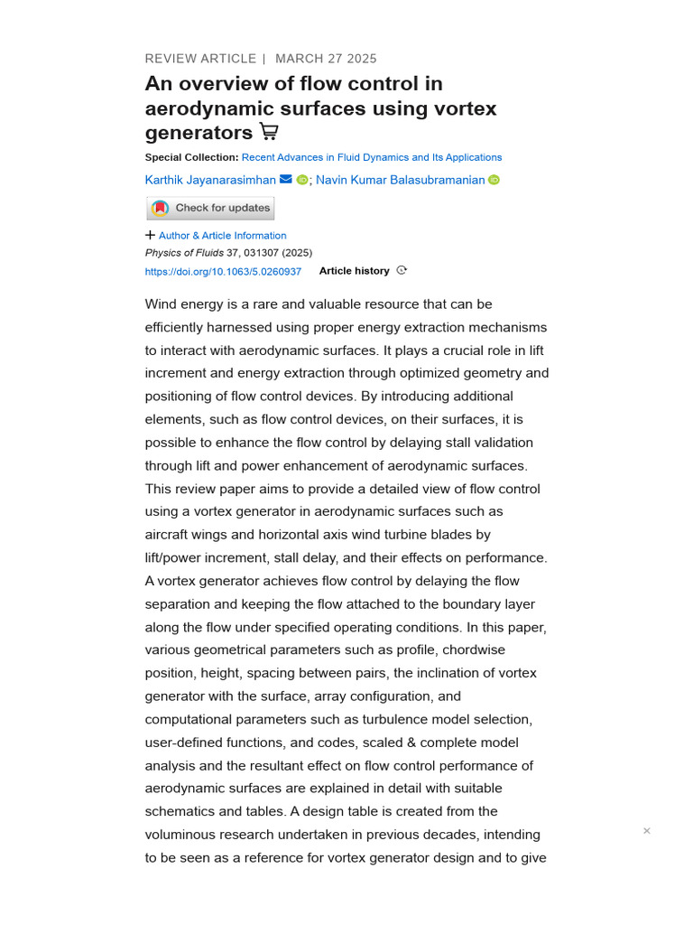 Vortex Generators for Aerodynamic Flow Control | PDF | Lift (Force ...