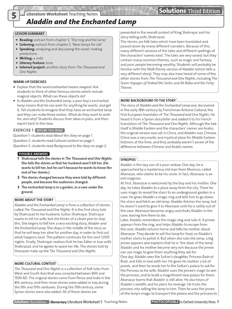 Aladdin and the Enchanted Lamp Lesson Plan | PDF | One Thousand And One ...