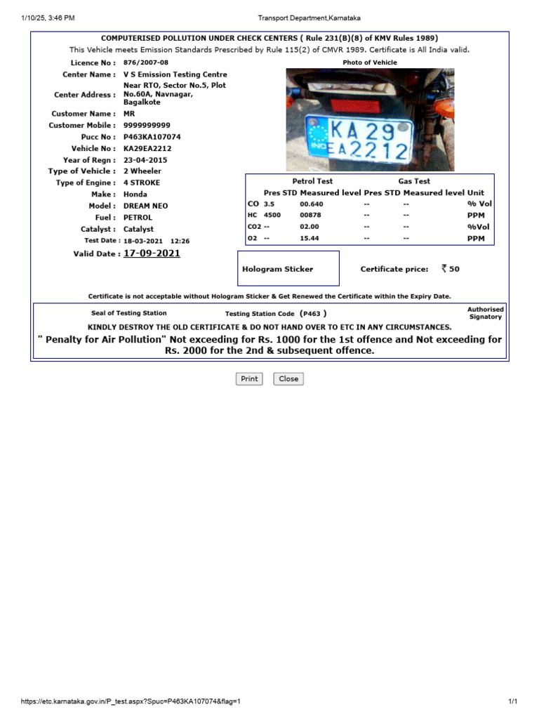 Vehicle Emission Test Certificate Details | PDF | Exhaust Gas | Air ...