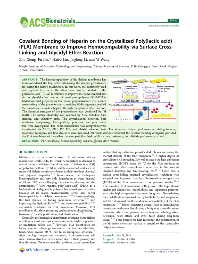 Heparin-Bonded PLA Membrane for Dialysis | PDF | Hemodialysis | Coagulation