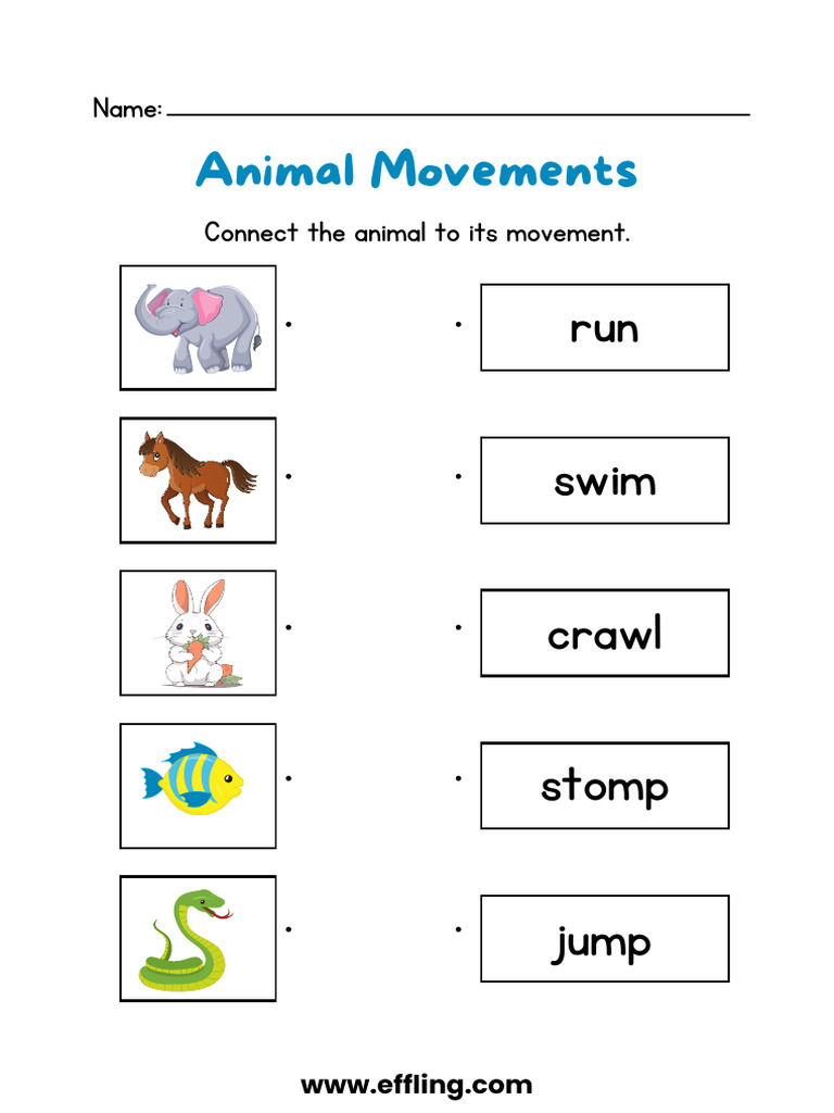 Colorful Illustrative Animal Movements Matching English Worksheet ...