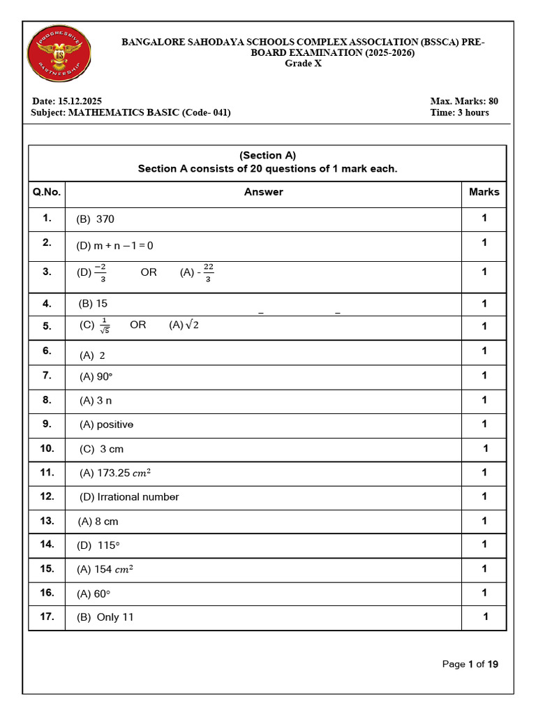 BSSCA Grade X Math Pre-Board Exam 2025-26 | PDF | Zero Of A Function ...
