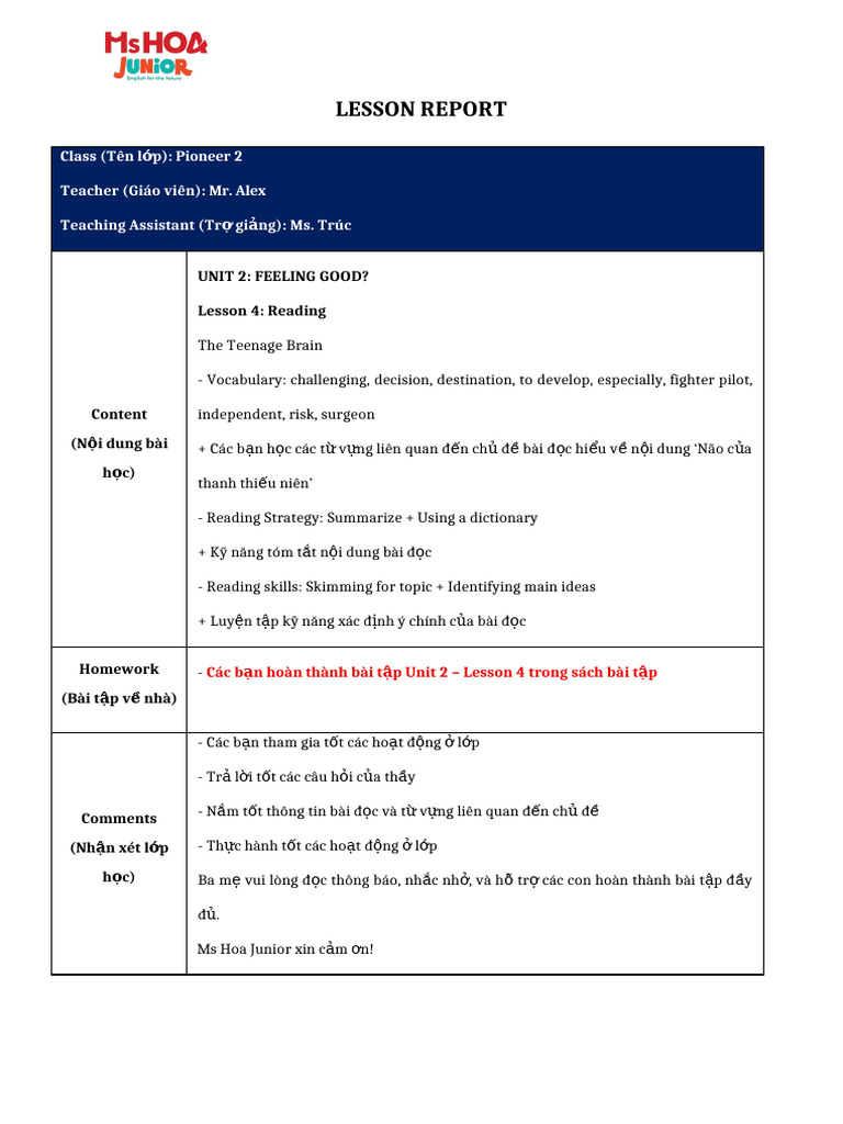 Lesson Report - U2 - l4 - Pioneer 2 | PDF