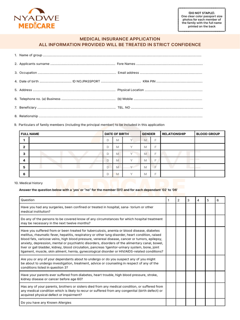 Medical Insurance Application Form | PDF | Human Diseases And Disorders ...