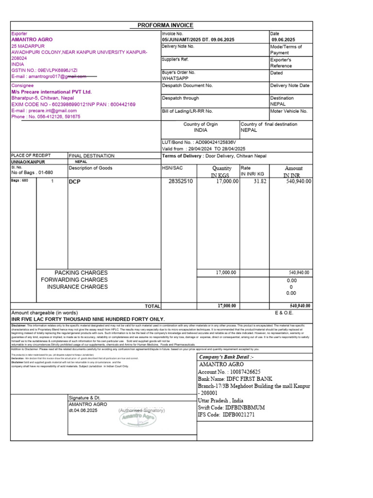 Proforma Invoice for Export to Nepal | PDF