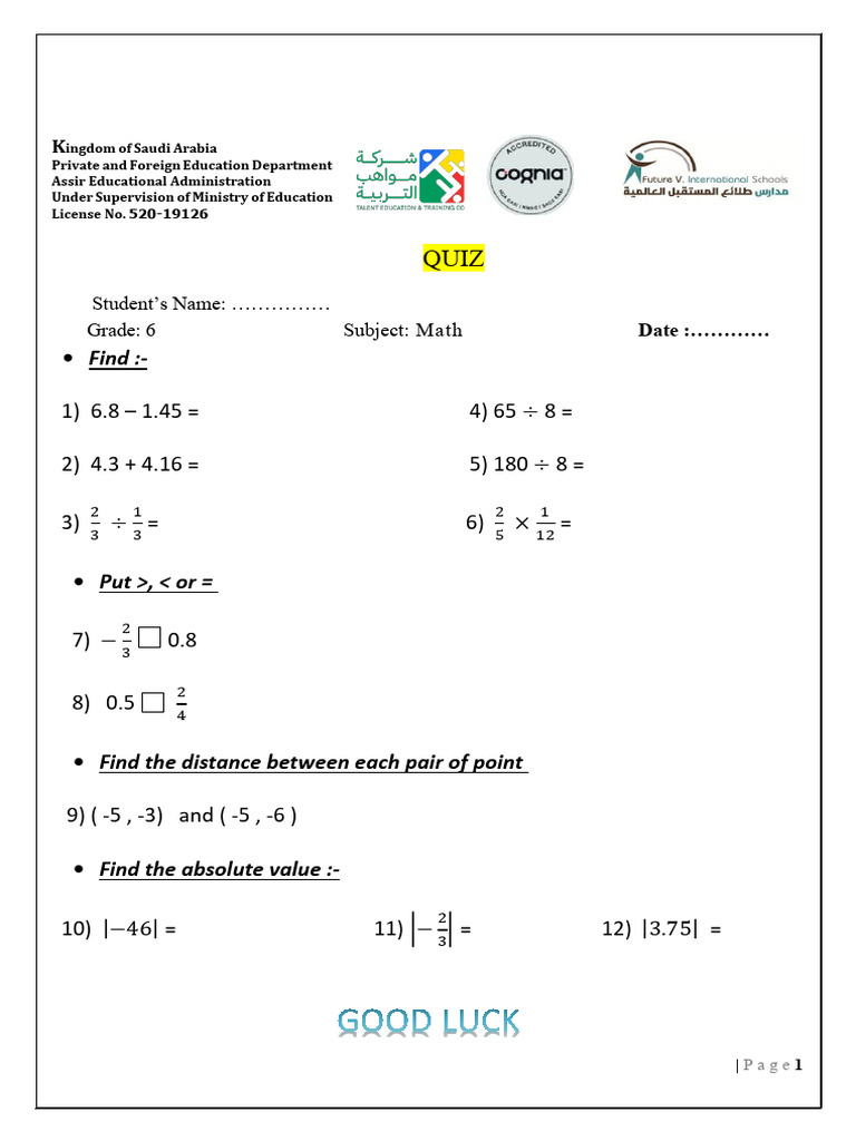 Grade 6 Math Quiz Questions | PDF