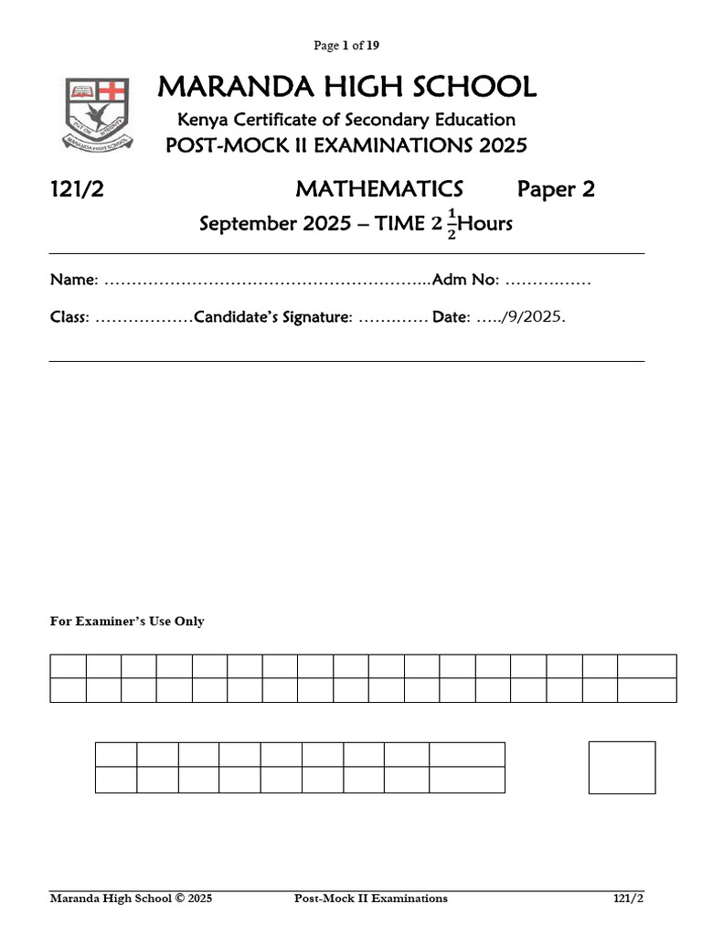 Maranda High School 2025 Math Exam Paper | PDF | Circle | Area