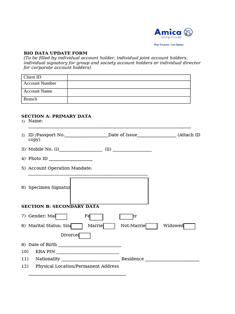 Bio Data Update Form for Account Holders | PDF | Government And Personhood