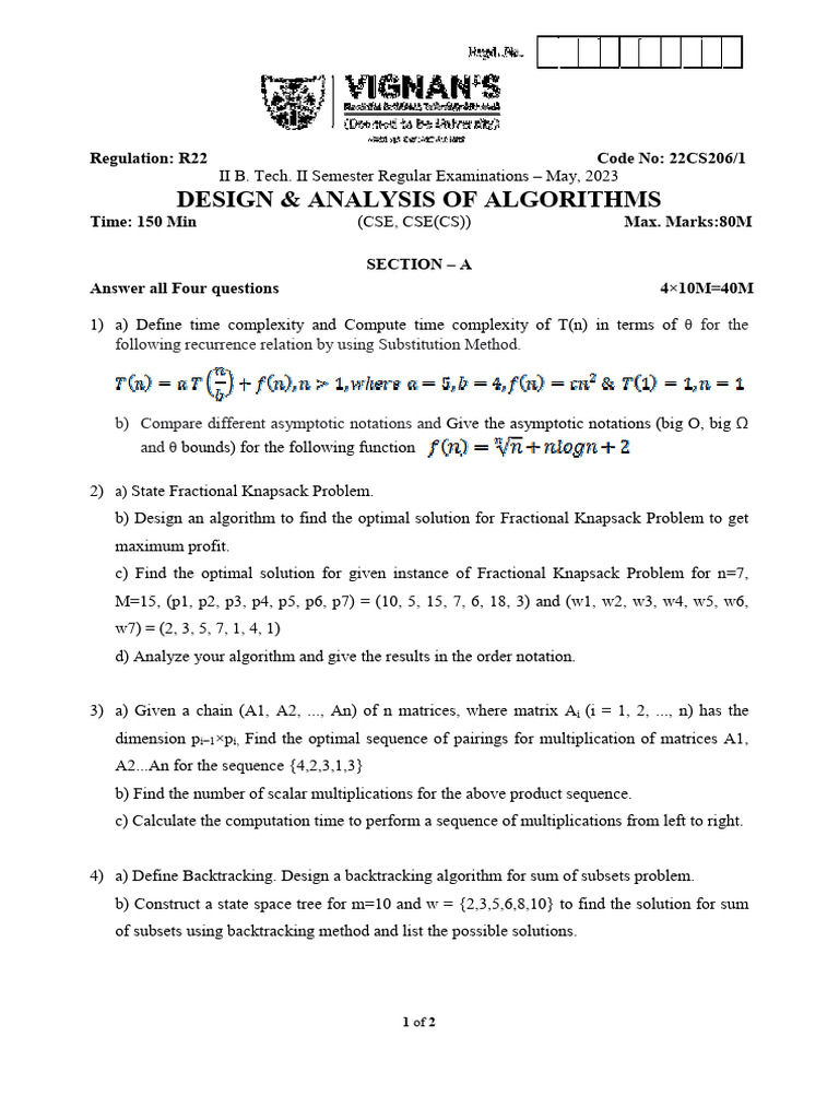 22CS206-1 | PDF | Time Complexity | Mathematical Analysis