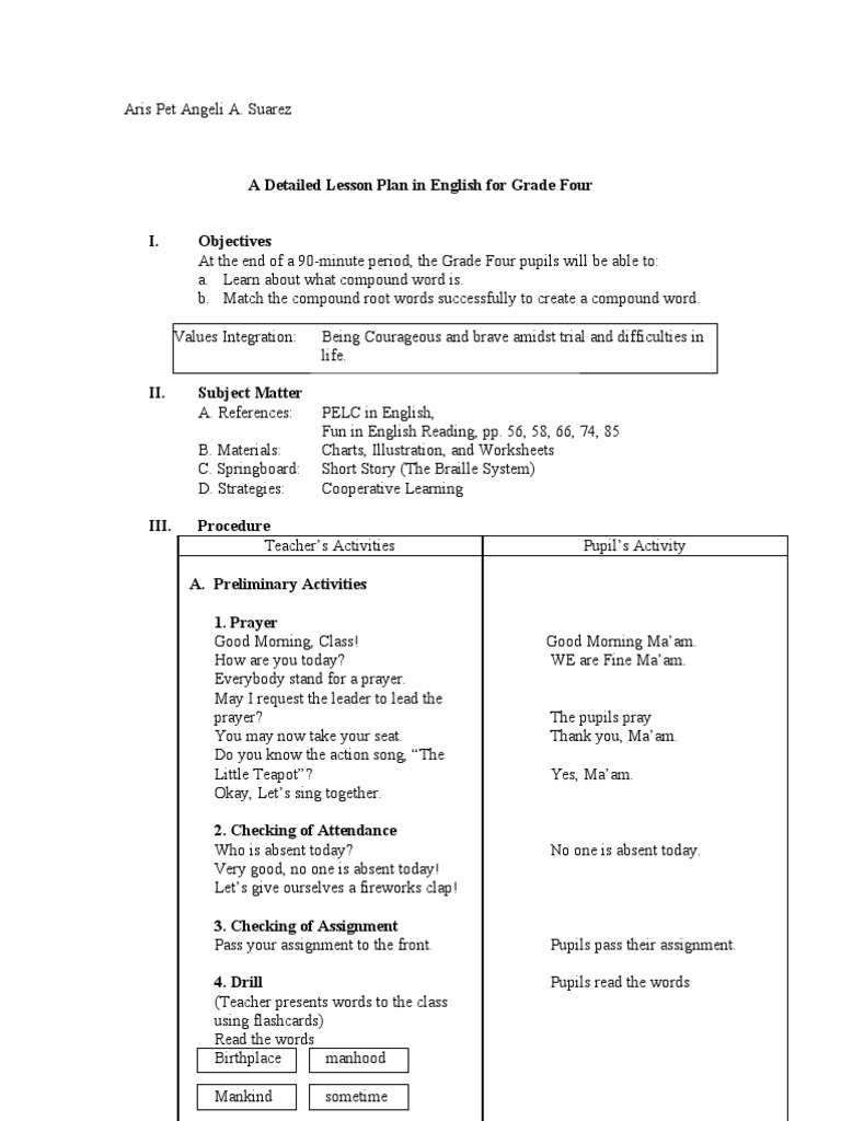 Detailed English Lesson Plan for Grade 4 | PDF | Visual Impairment ...