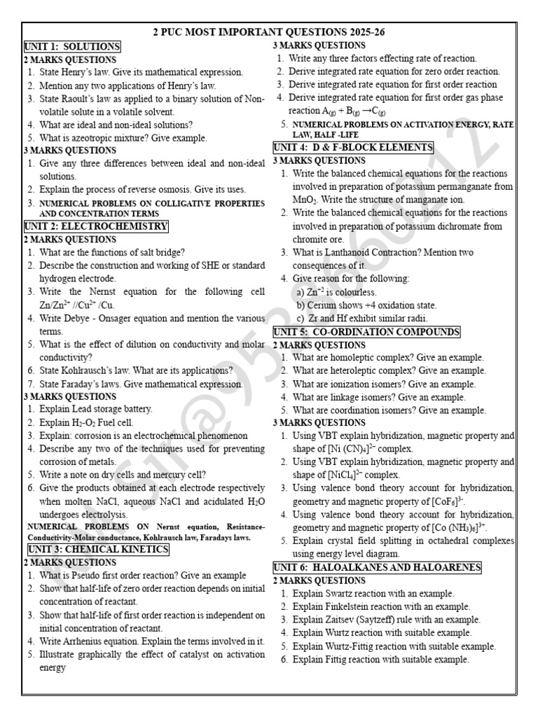 2 PUC Chemistry Key Questions 2025-26 | PDF | Electrochemistry ...