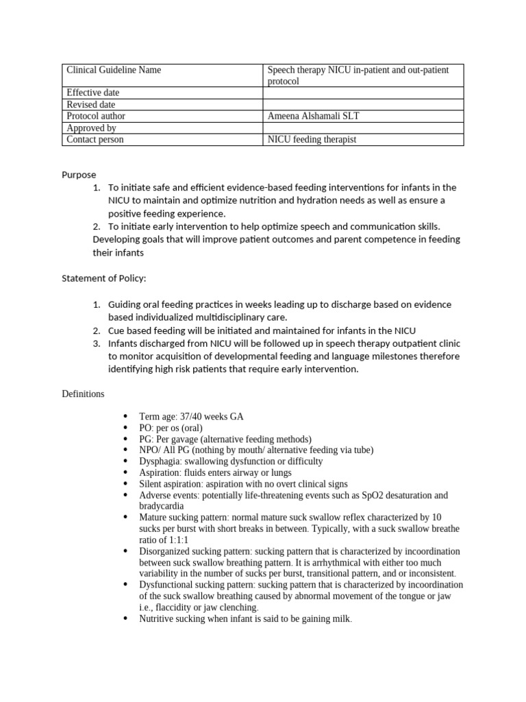 NICU Speech Therapy Feeding Protocol | PDF | Infants | Neonatal ...