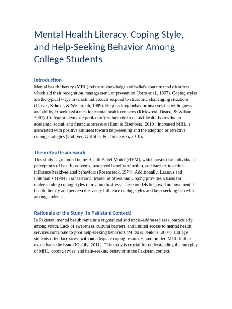 Mental Health Literacy in College Students | PDF | Mental Health ...