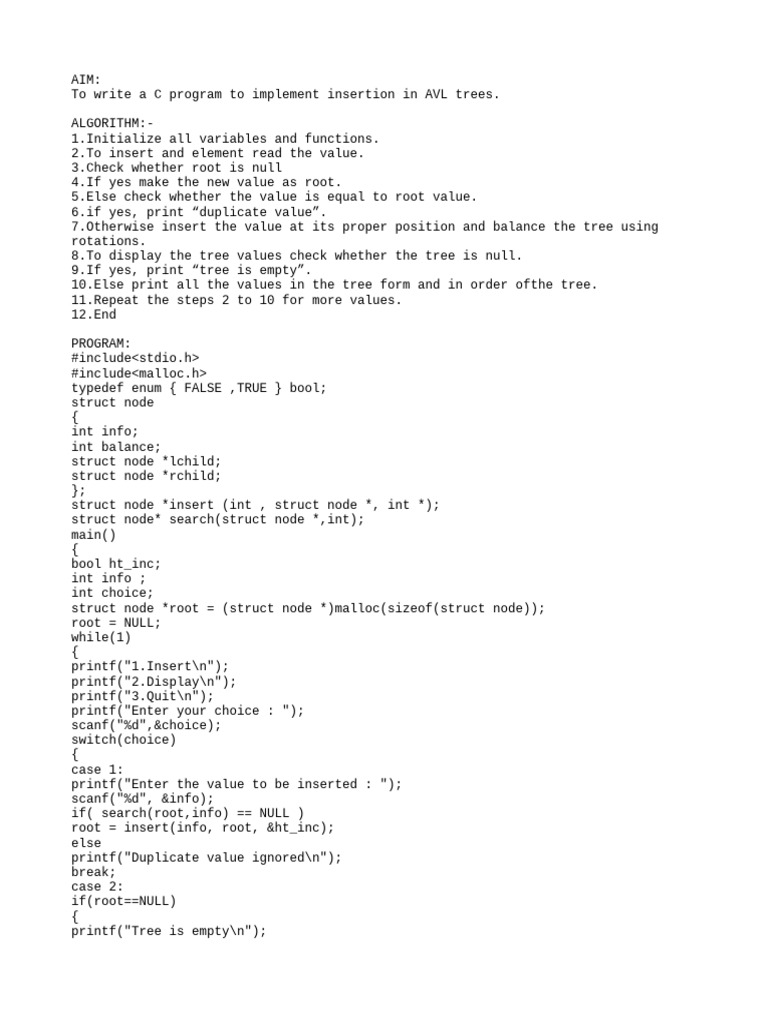 C Program for AVL Tree Insertion | PDF | Algorithms And Data Structures ...