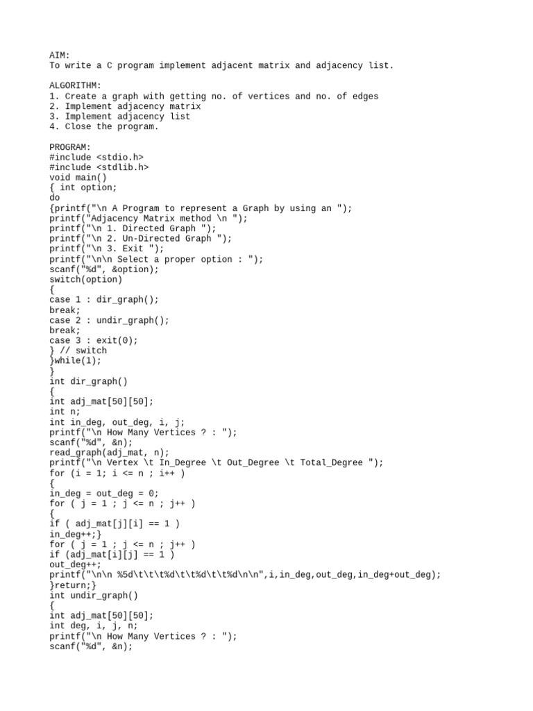 C Program for Graph Representation | PDF | Vertex (Graph Theory ...