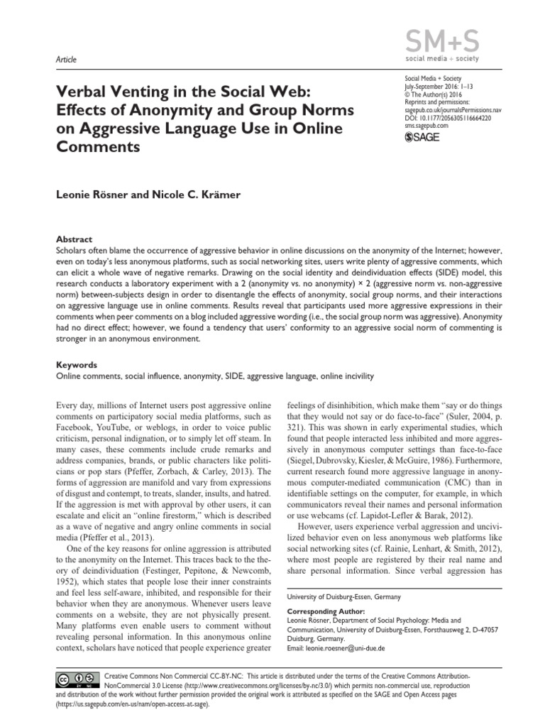 Verbal Venting in the Social Web Effects of Anonym | PDF | Aggression ...