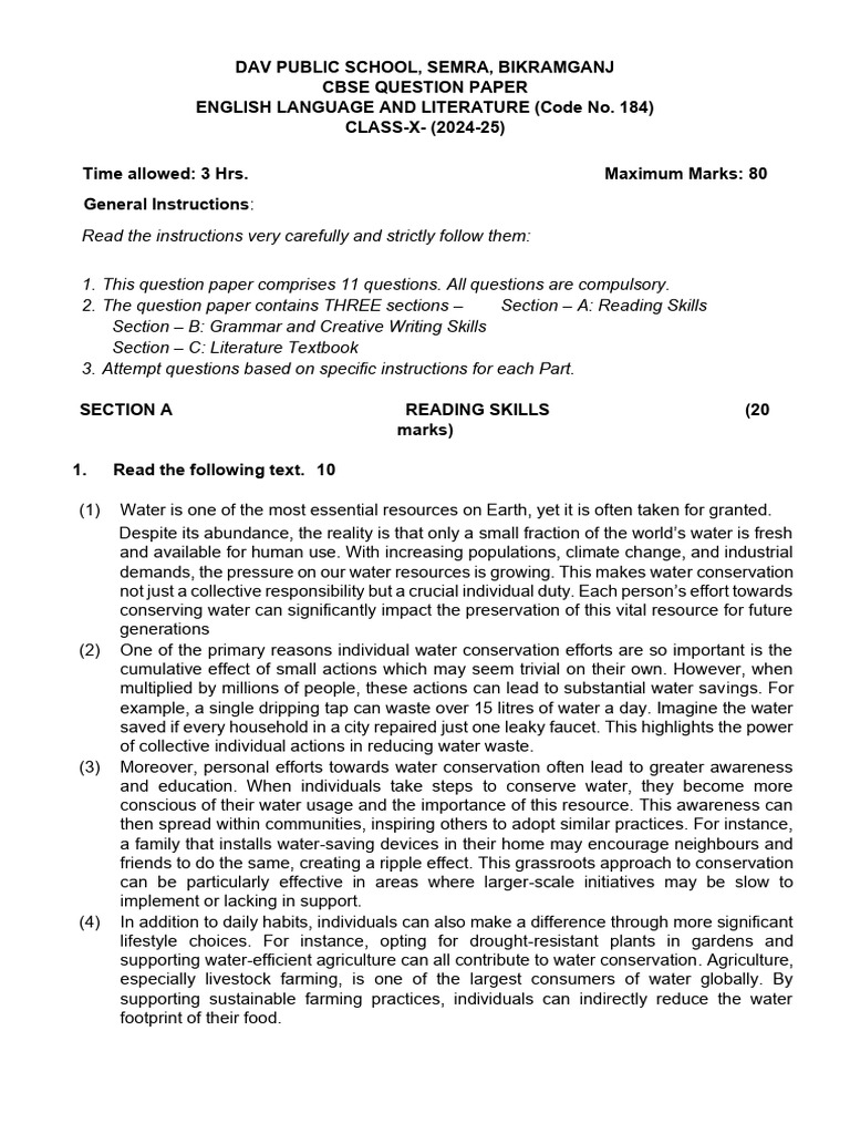 Class X English Question Paper 2024-25 | PDF | Agriculture | Water ...