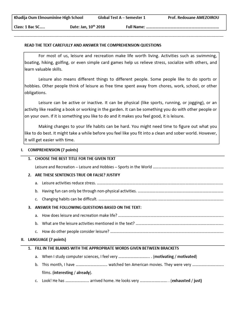 Global Test a Semester 1 2017 1bac Science (1) | PDF | Linguistics