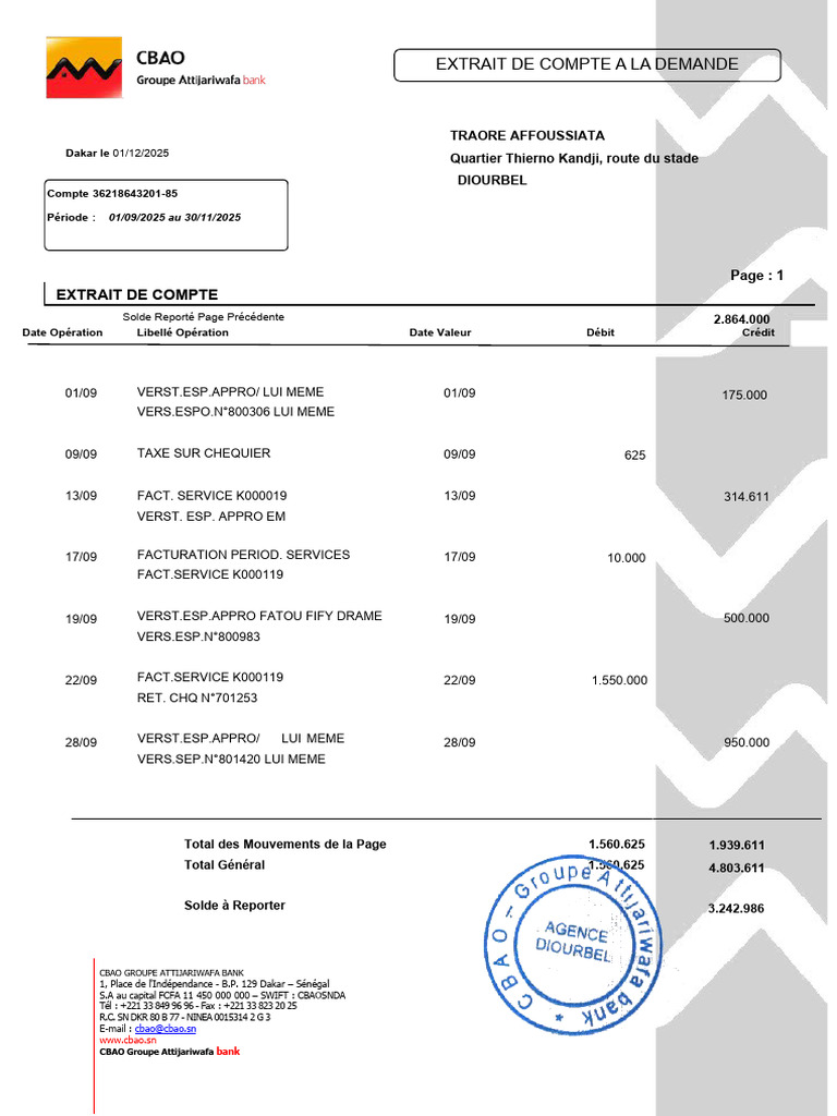 Extrait de compte CBAO - Traore Affoussiata | PDF | Investisseur ...
