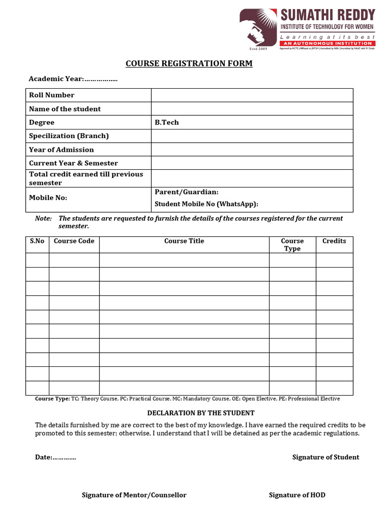 Course Registration & Undertaking Form-2025 (75%) | PDF