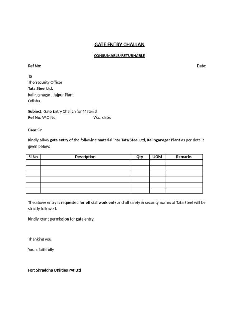 Gate Entry Challan Format | PDF