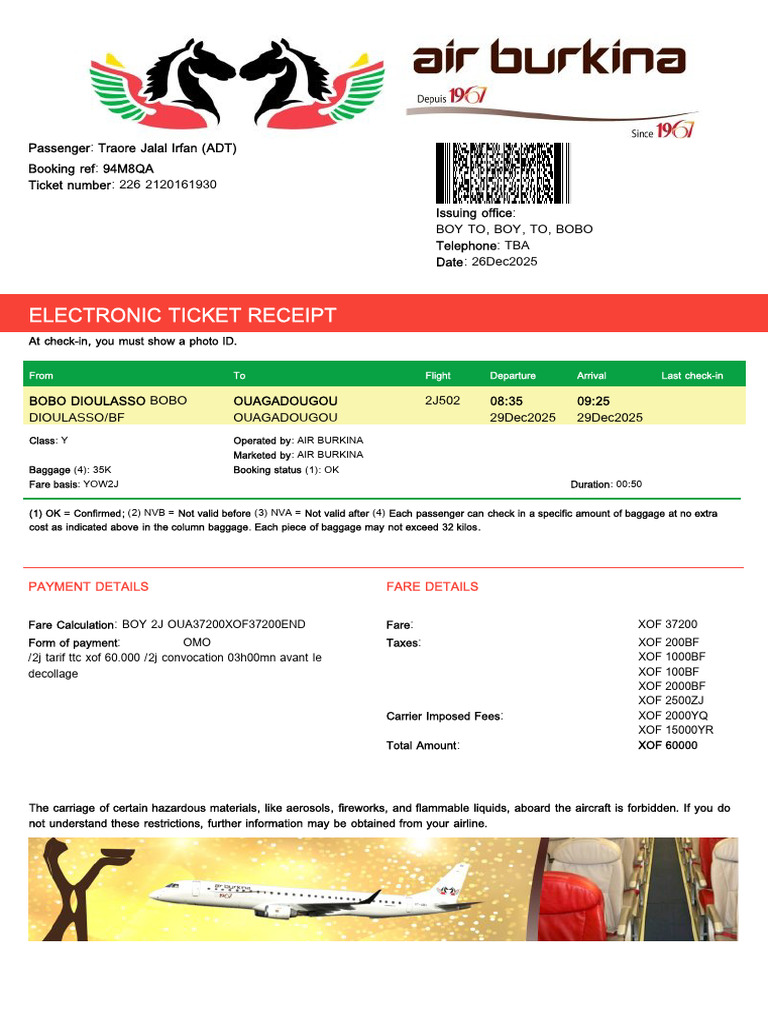 Recu de Billet Electronique EMD-Your Electronic Ticket-EMD Receipt | PDF