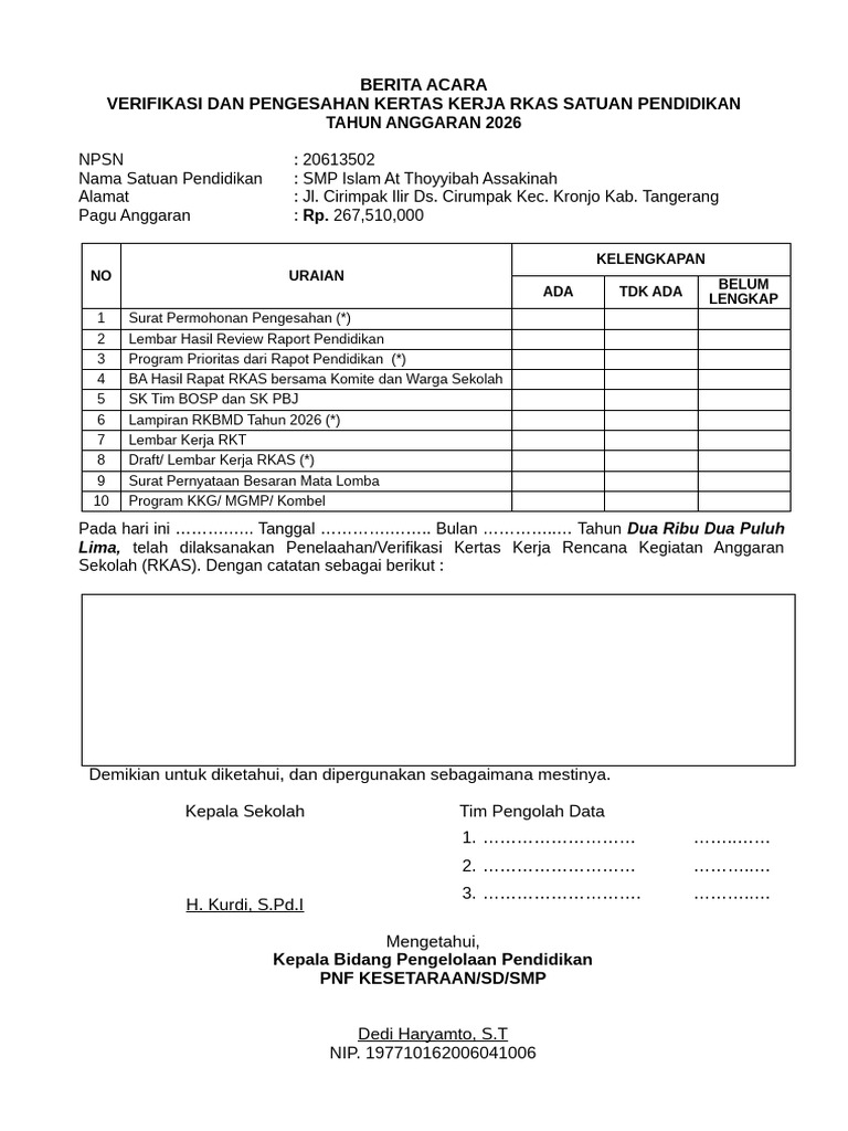 Verifikasi RKAS SMP Islam 2026 | PDF
