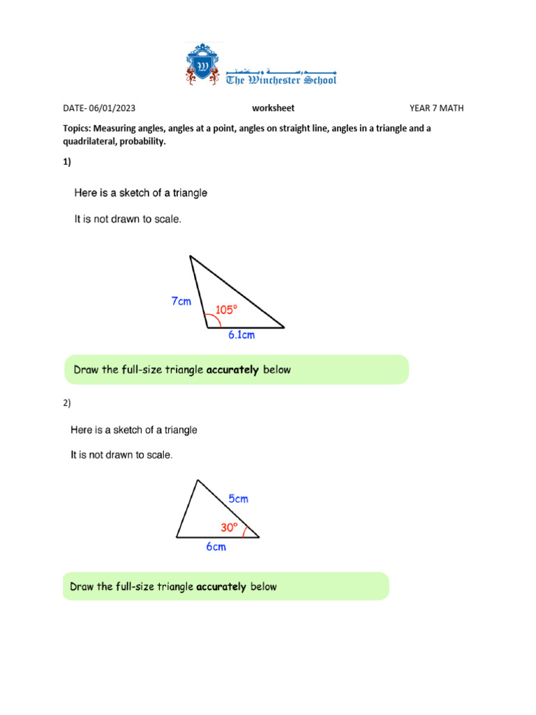 Y7 Probability Angle Properties Worksheet QP 14th Jan | PDF