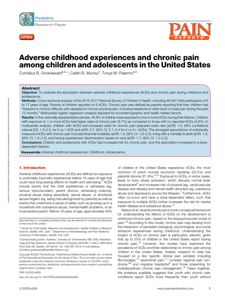 Adverse Childhood Experiences and Chronic Pain Among Children and ...
