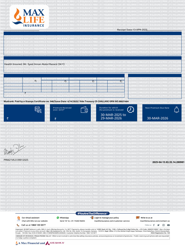 Premium Receipt for Health Insurance Policy | PDF | Insurance | Payments