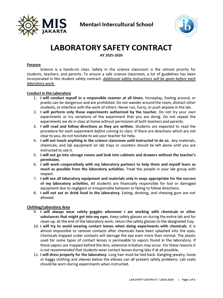 Laboratory Safety Contract 2025-2026 | PDF | Contact Lens | Glasses