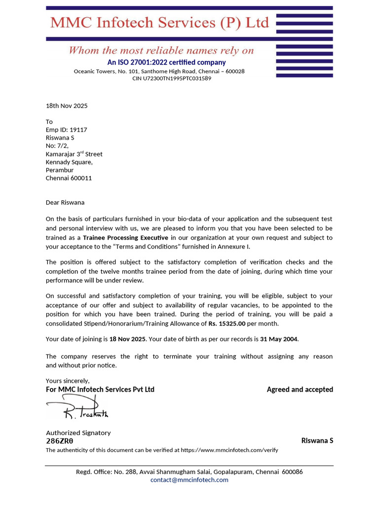 Trainee Processing Executive Offer Letter | PDF