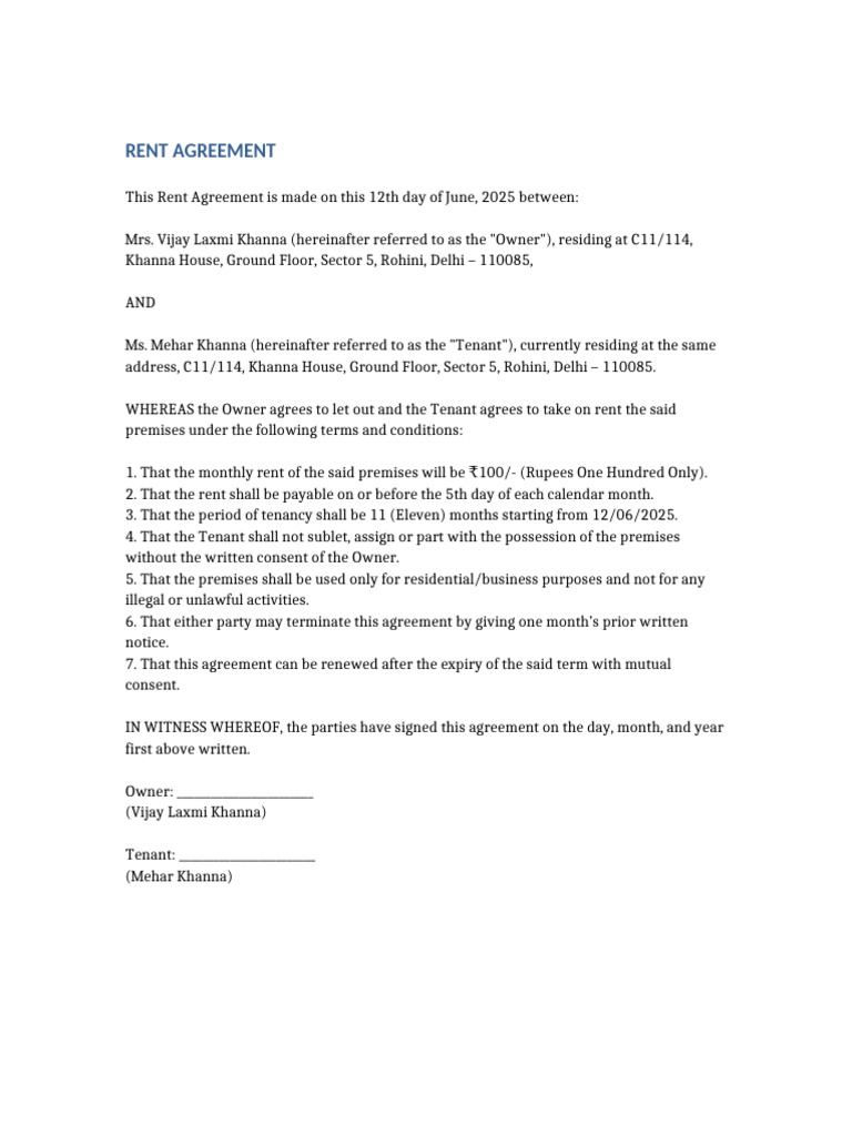 Rent Agreement Mehar Khanna | PDF