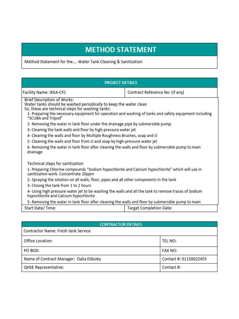 Water Tank Cleaning Method Statement | PDF | Chlorine | Water