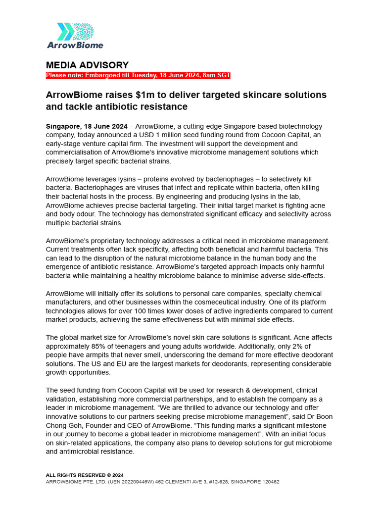 ArrowBiome - Seed Fundraise Press Release - 18 June 2024 - General  Distribution | PDF | Bacteria | Bacteriophage