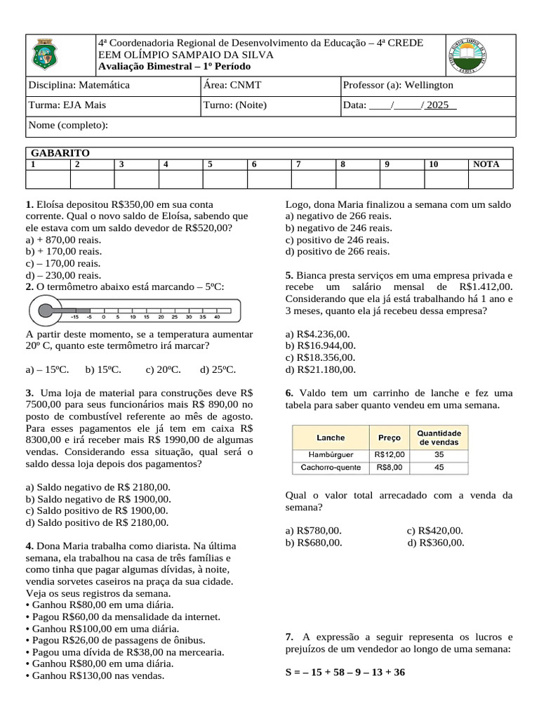 Gabarito Avaliação Matemática EJA | PDF | Caloria