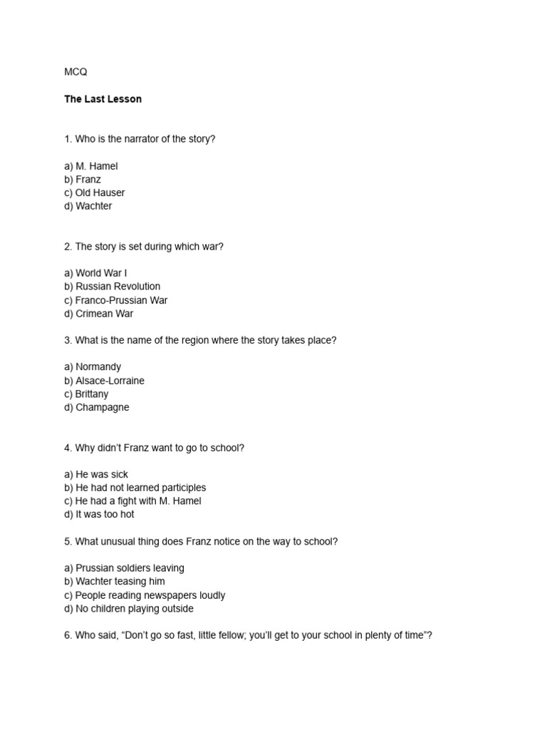 Last Lesson MCQ: Key Questions & Answers | PDF